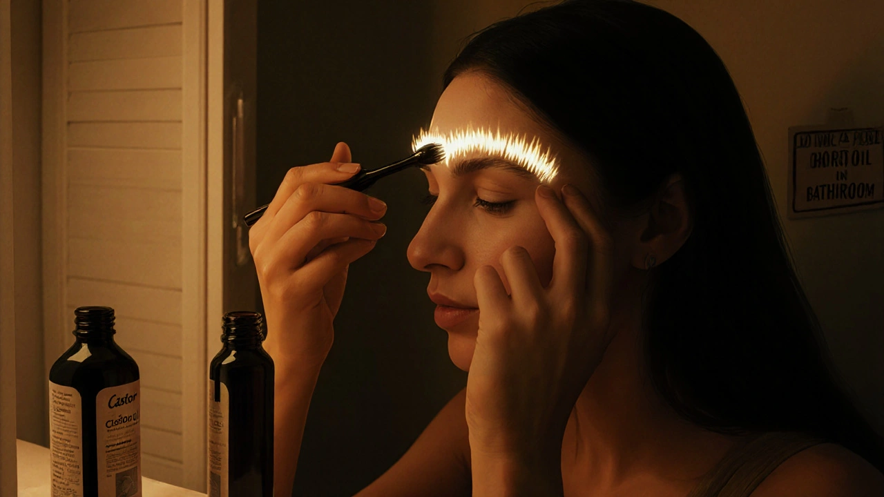 Woman applying castor oil to her eyebrows with a spoolie brush at night.