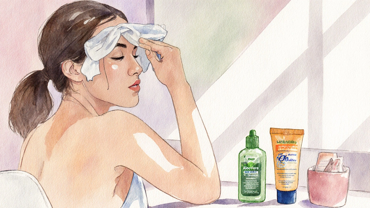 Woman applying cooling cloth and aloe while sunlight filters in.
