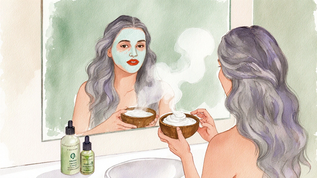 Woman applying protein conditioner mask to grey hair in a bright, steamy bathroom.