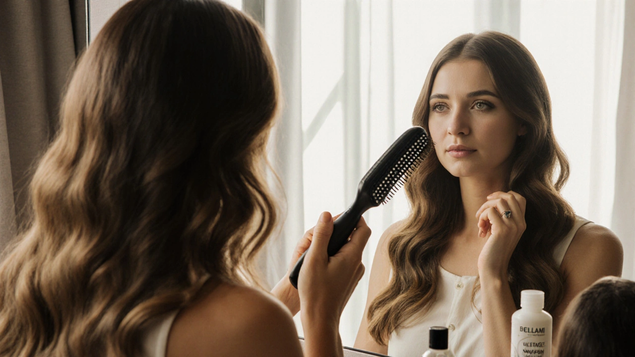 Woman brushing Bellami tape-in extensions in front of a mirror with hair care products nearby.