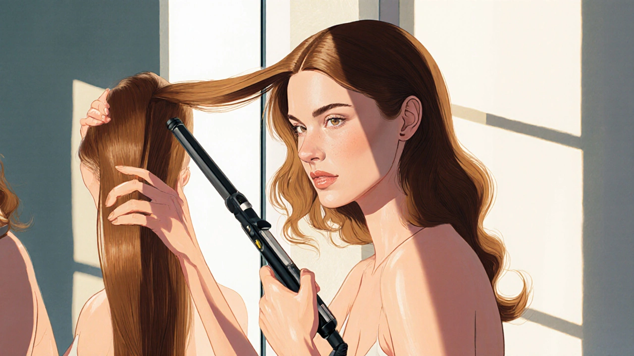 Woman styling a human hair wig with a flat iron, showing straight and wavy hair.