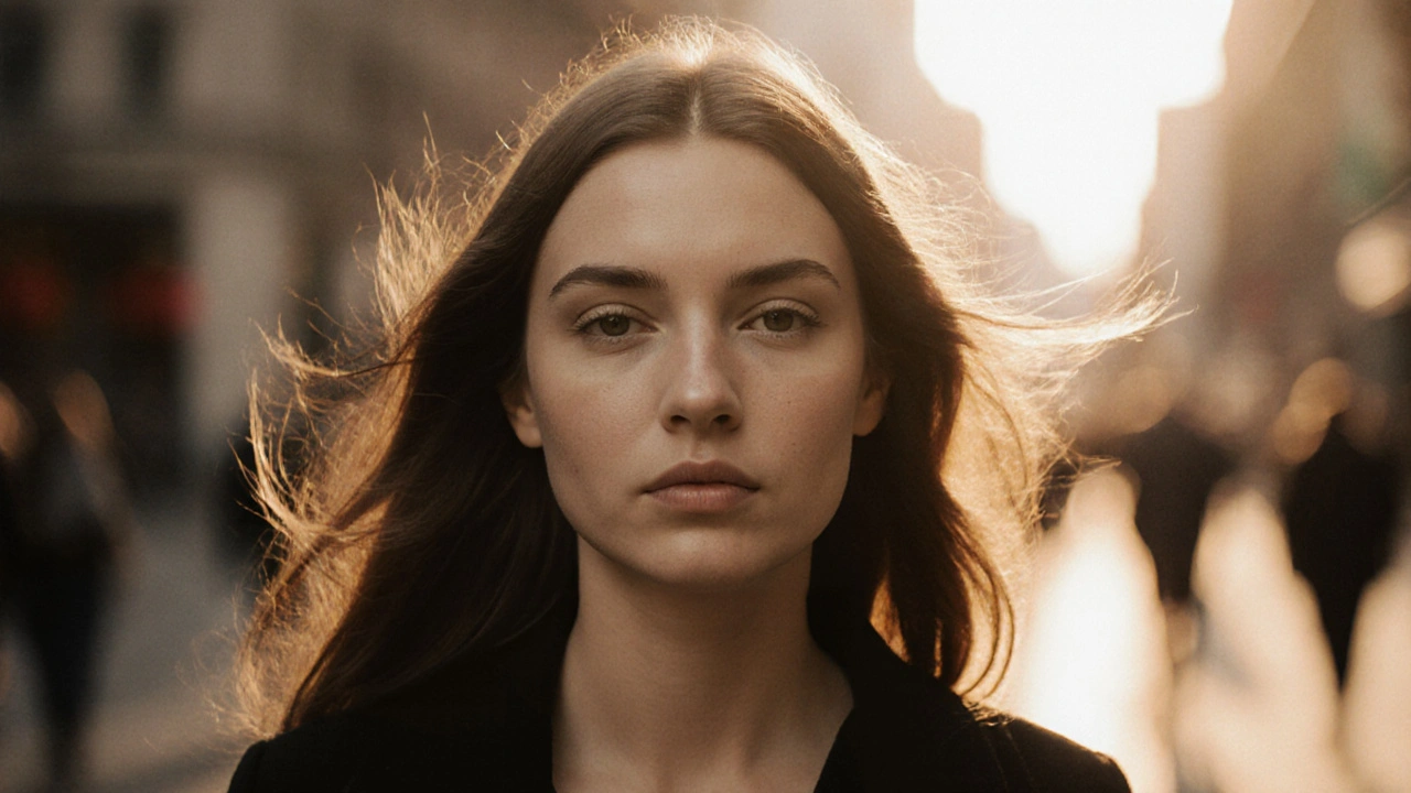 Woman walking confidently in city at golden hour with naturally groomed thin eyebrows