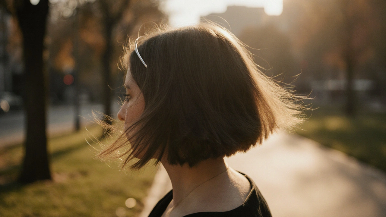 Woman with a pixie cut wearing a halo extension walking in a sunlit park.