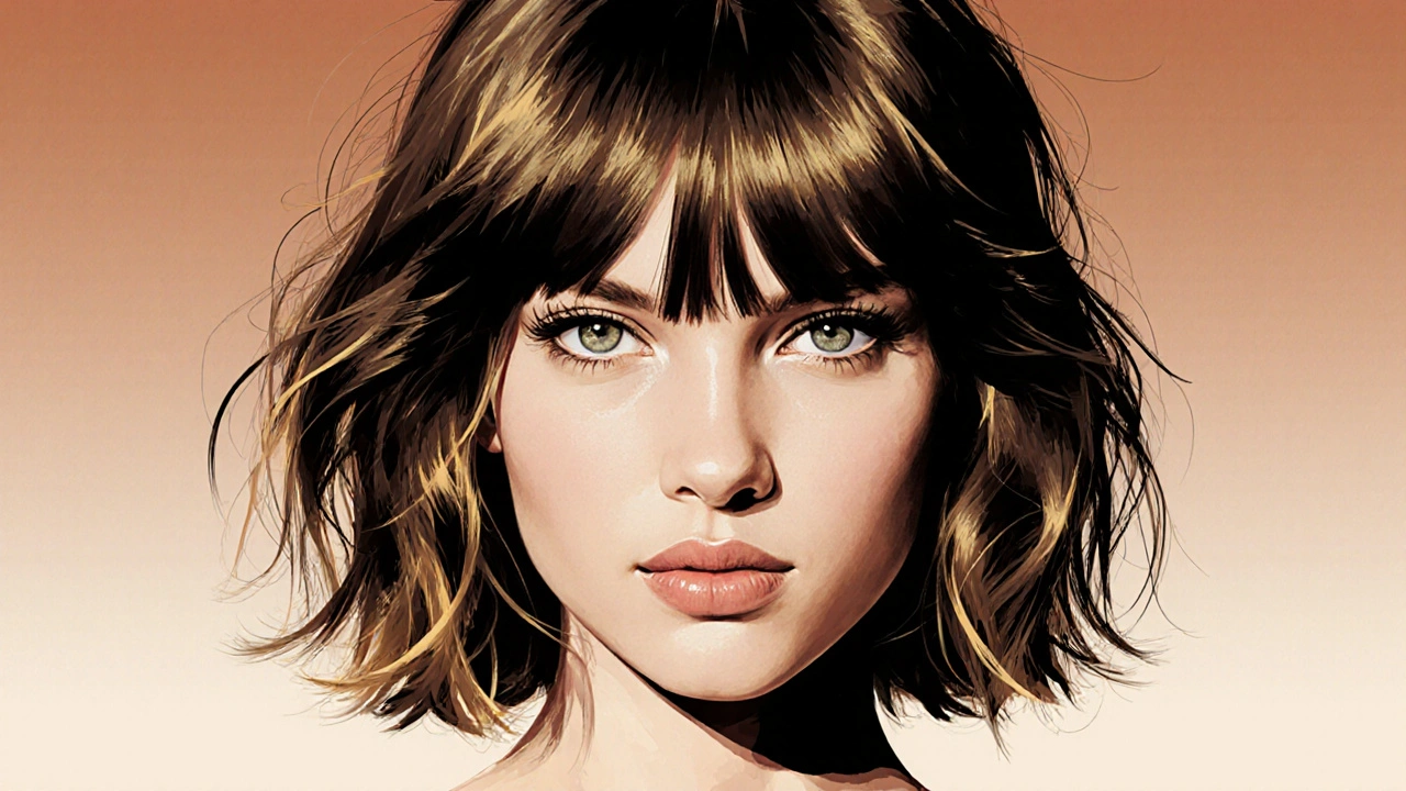 Woman with curtain bangs and textured shag haircut, golden highlights adding dimension.