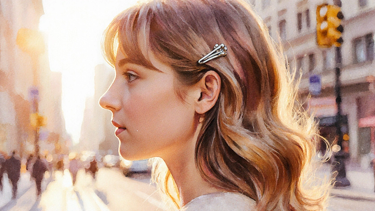 Woman with glossy waves and side fringe walking confidently in sunset light.