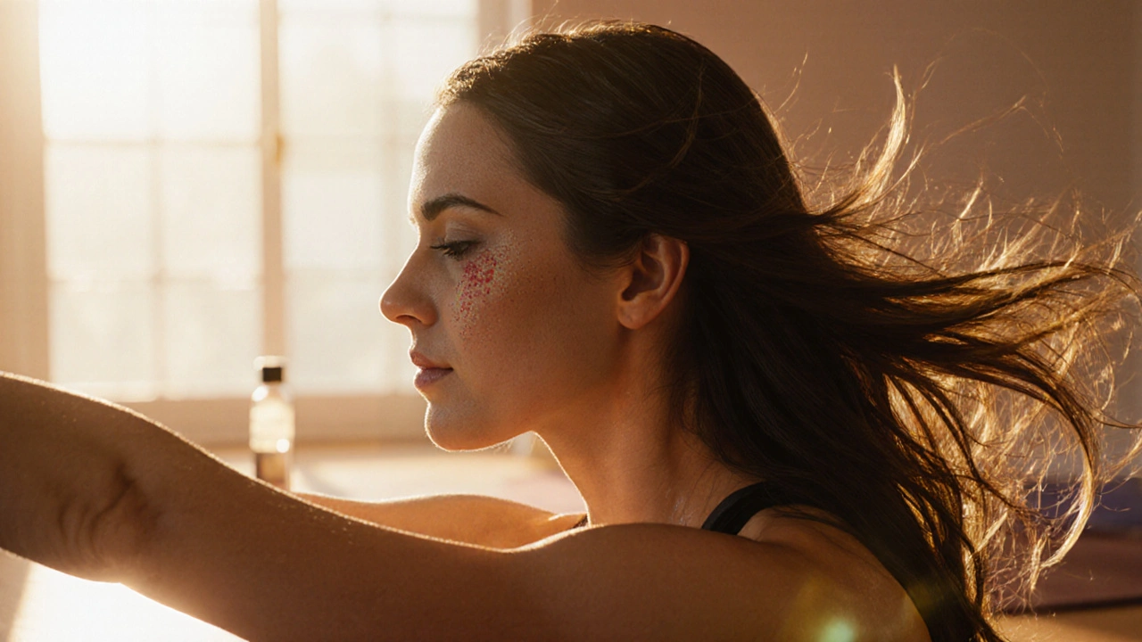 Yoga instructor with secure clip-in extensions during a stretch in a sunlit studio.