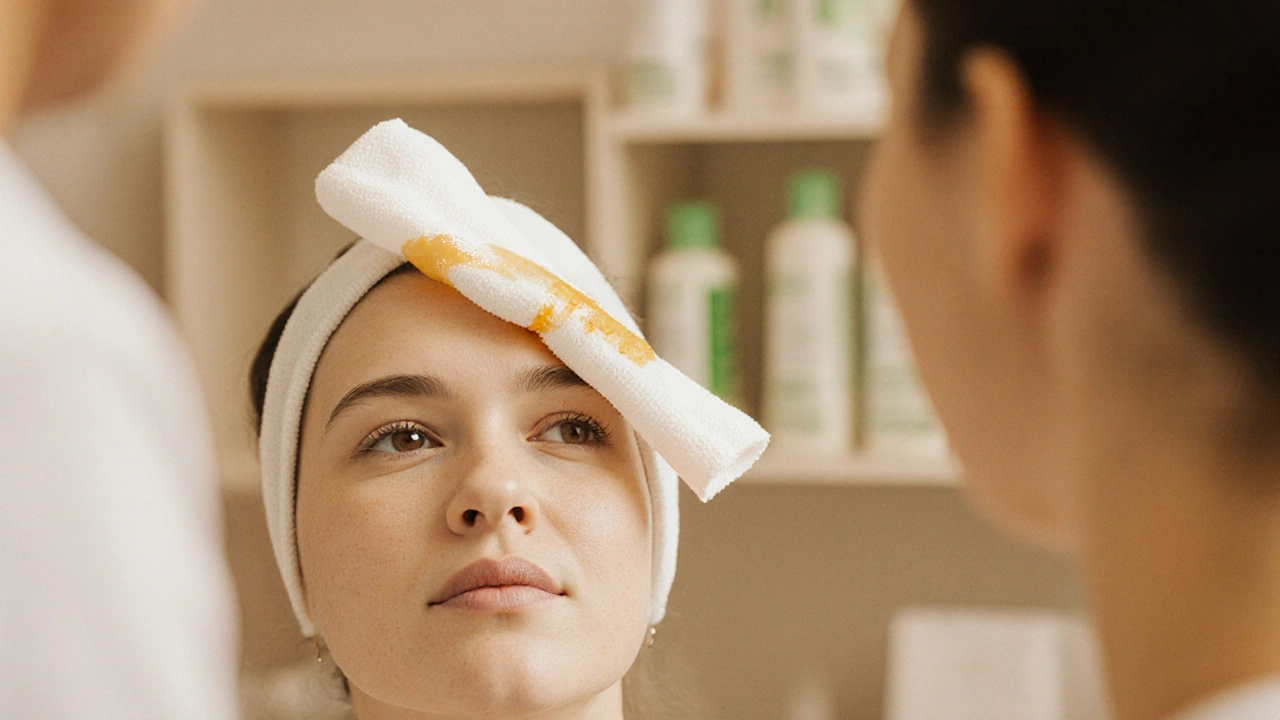 A cloth strip being quickly removed during a Brazilian wax, with visible hair in the wax and a calm facial expression.