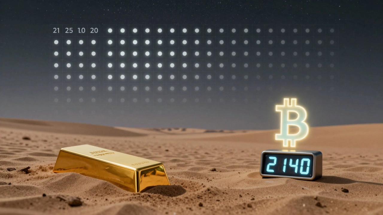 A desert scene with one gold bar and a glowing Bitcoin symbol above a countdown to 2140, symbolizing finite digital scarcity.