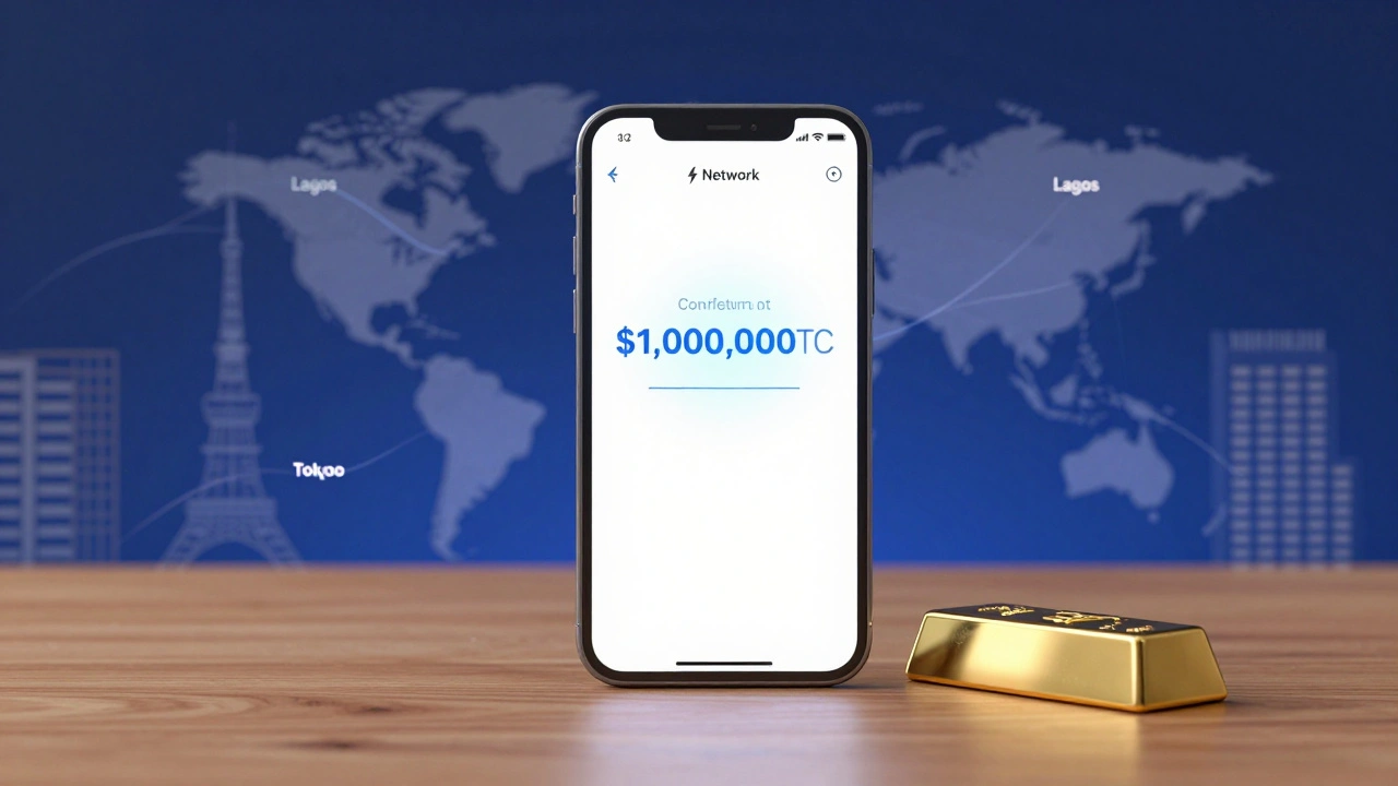 A smartphone showing a fast Bitcoin transaction, with global city lights glowing around it and a gold bar nearby.