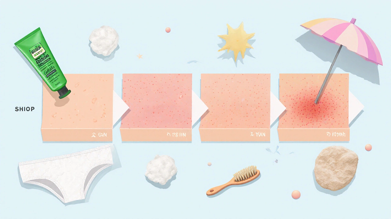 A visual timeline of post-wax aftercare with soothing products and clothing, showing skin healing over time.