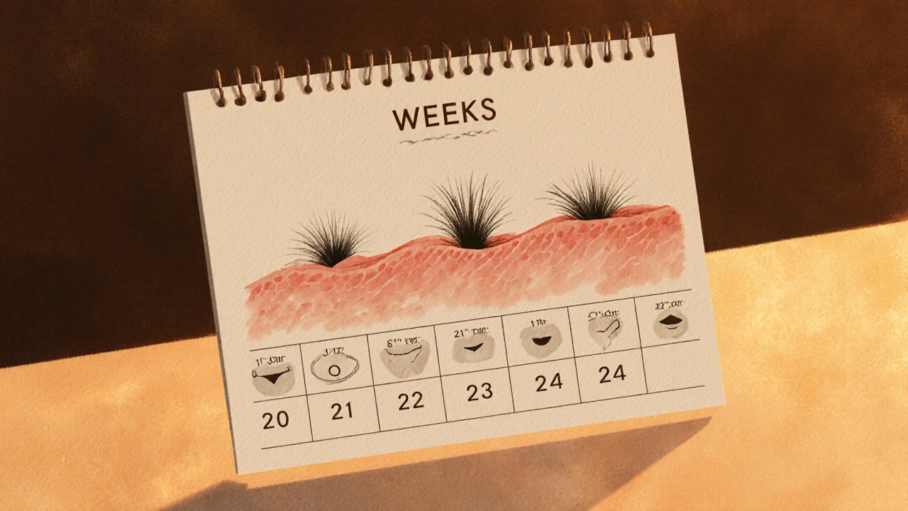 Calendar showing hair growth over four weeks with icons for different body areas.