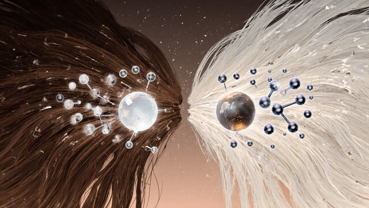 Chemical comparison: ammonia molecules entering hair versus MEA causing damage.