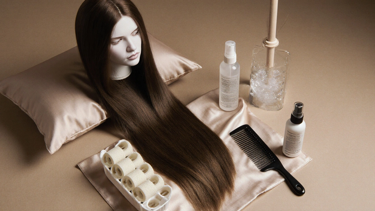 Clip-in extensions resting on silk pillowcase with heat-free styling tools like foam rollers and texturizing spray.