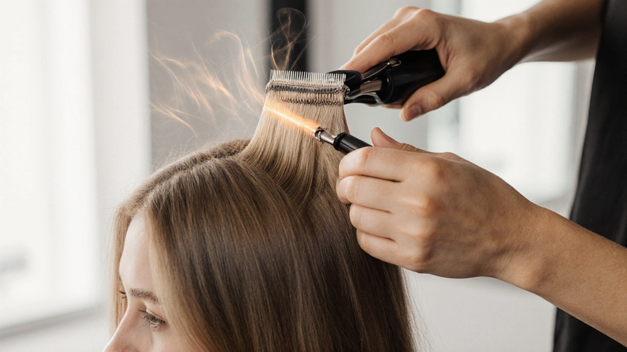 Close-up of a keratin bond being fused to natural hair with a heated clamp.