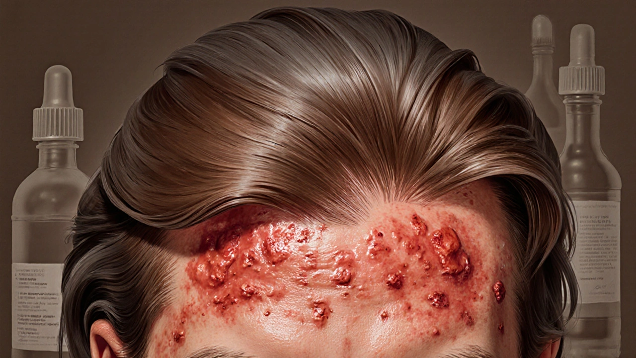Close-up of inflamed scalp with red welts and uneven brown dye creating optical illusion of grey hair.