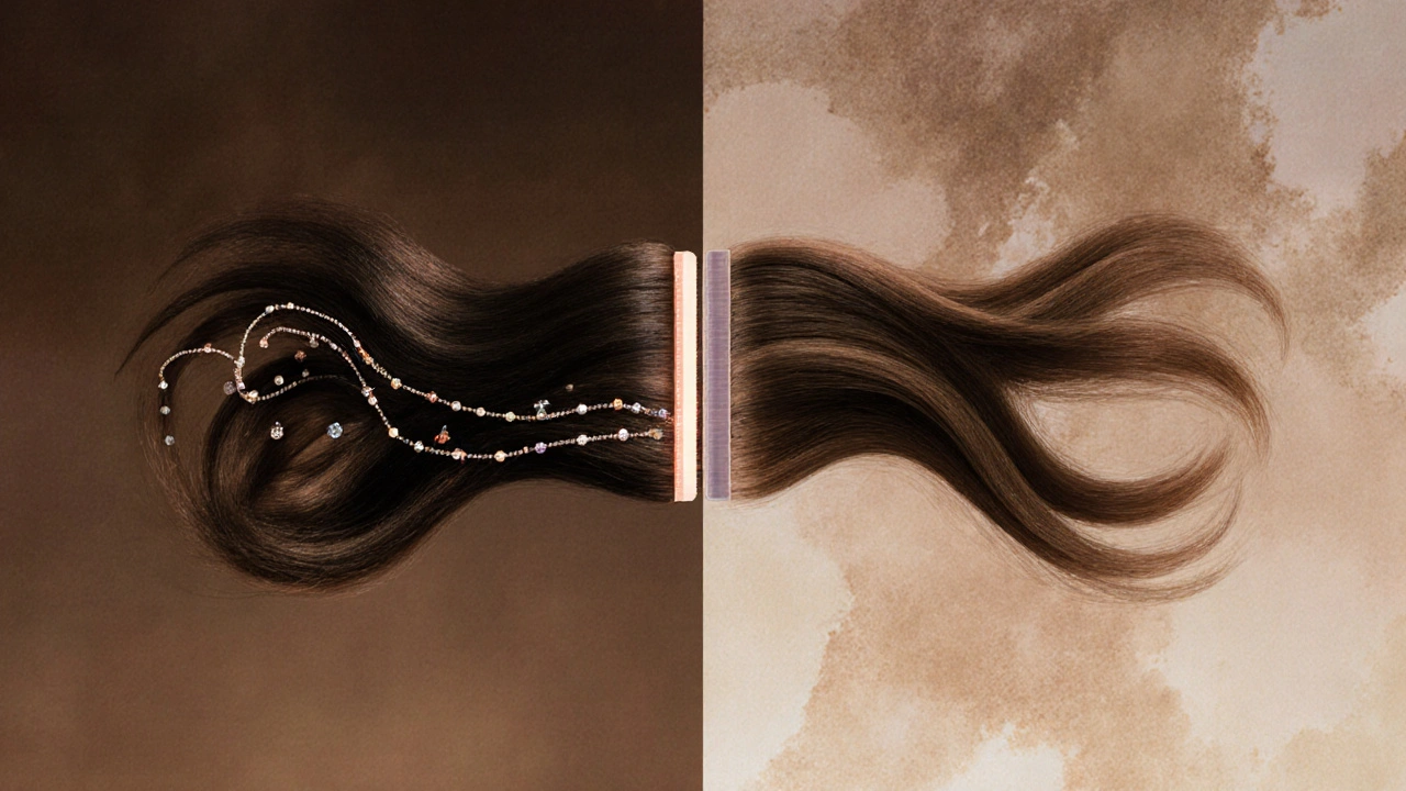 Conceptual comparison of hand-tied beads and tape adhesive on hair strands with soft background.