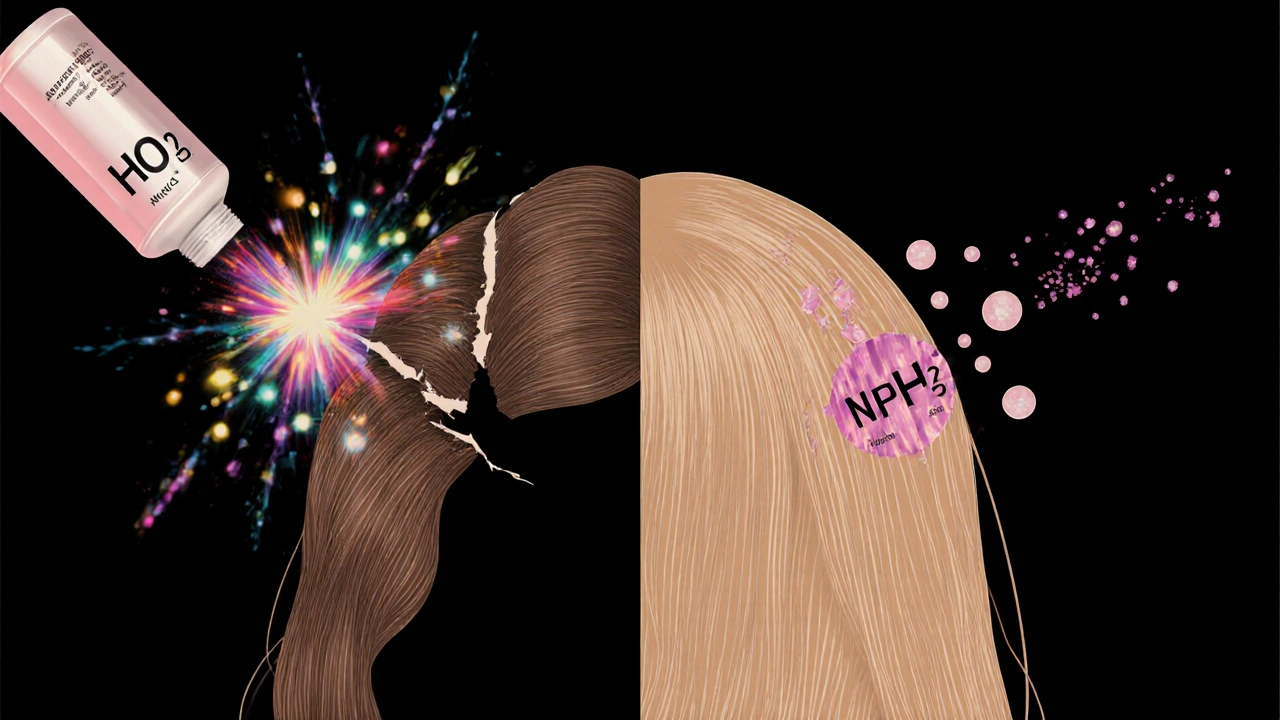Conceptual image of damaged vs. healthy hair strands during dyeing processes.
