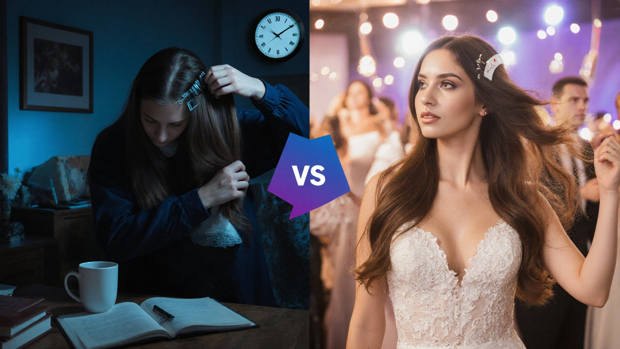 Contrasting lifestyles: student with clip-ins vs professional with tape-ins at event.