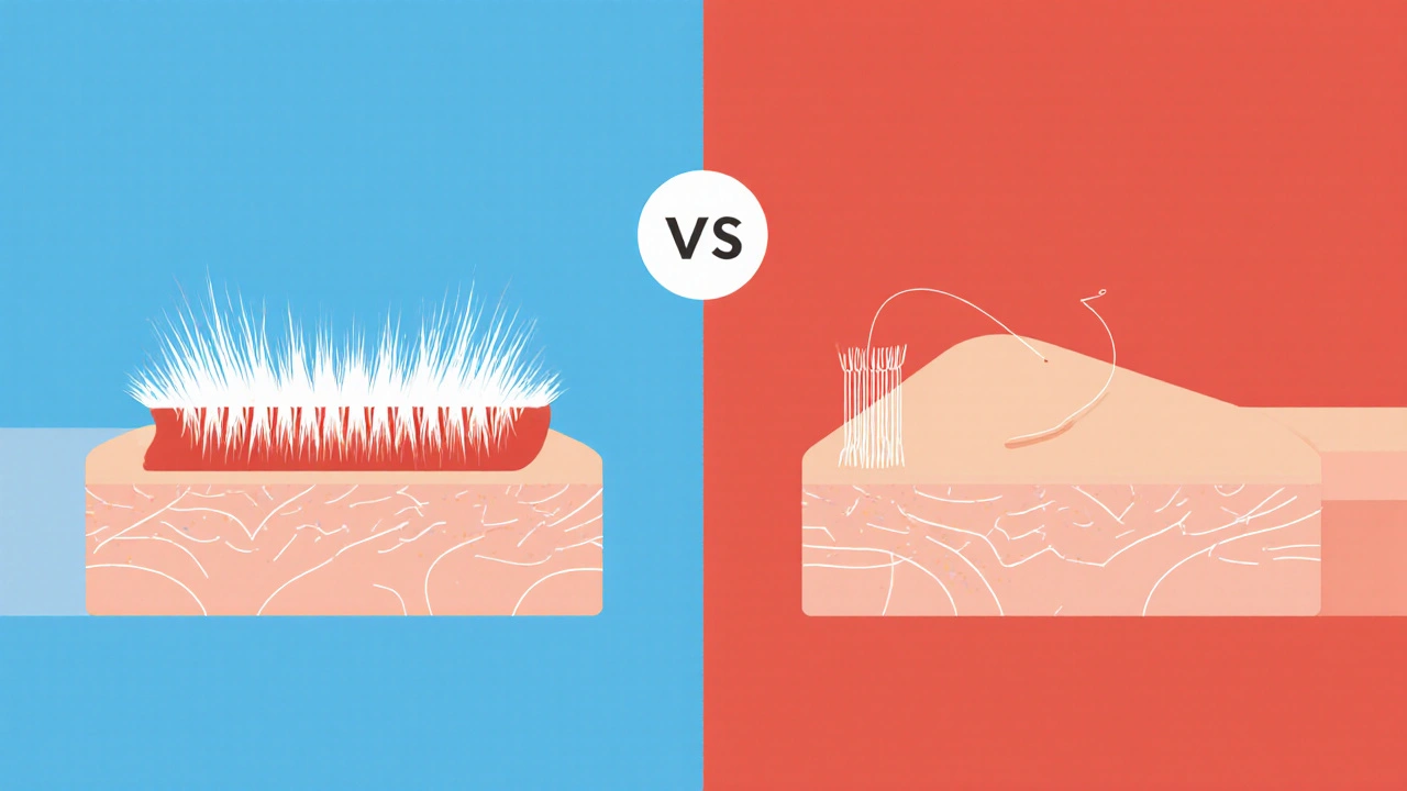 Contrasting visual of waxing and threading methods for eyebrow hair removal.