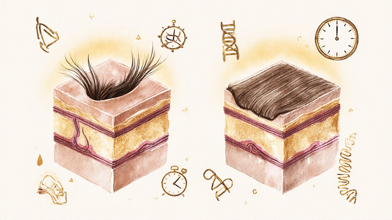 Cross-section of hair follicles showing waxed vs. shaved hair growth patterns.