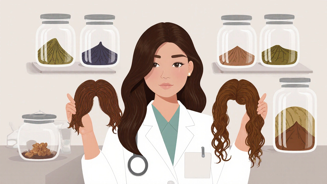 Dermatologist comparing damaged hair from chemical dyes versus healthy hair from natural dyes.