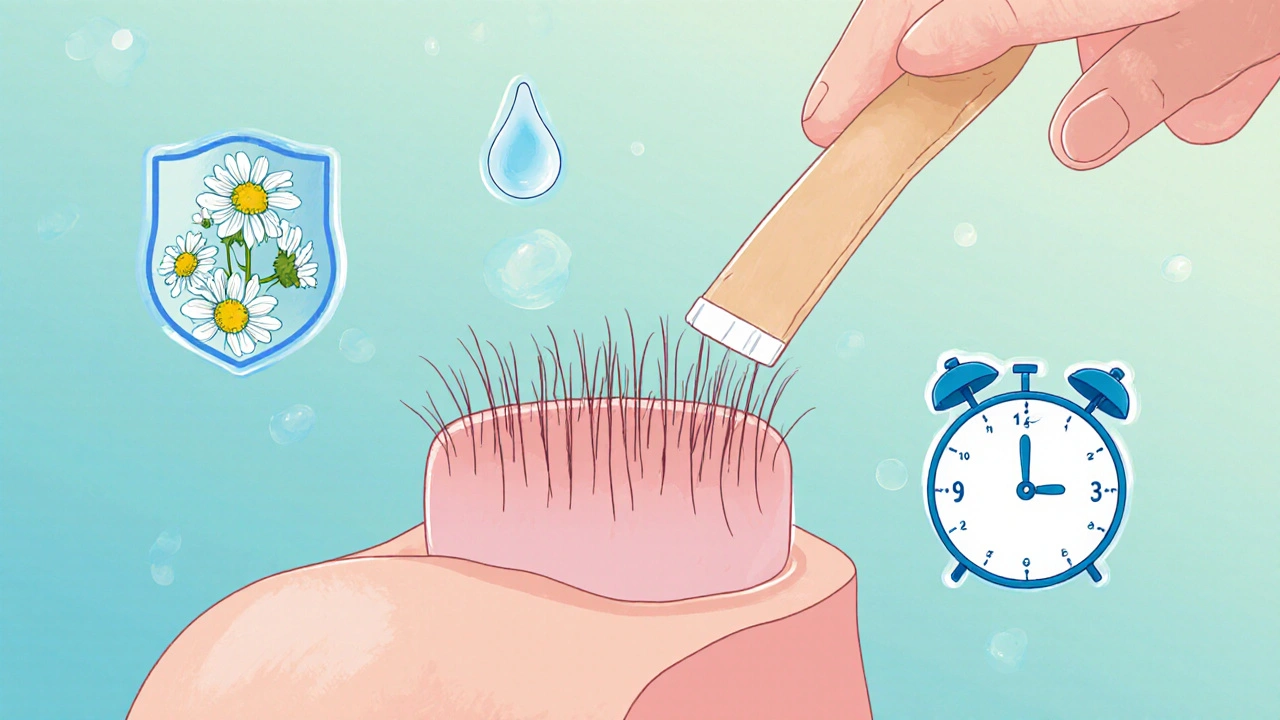 Hair follicle being lifted by wax surrounded by calming petals, cooling gel, and cycle timer.