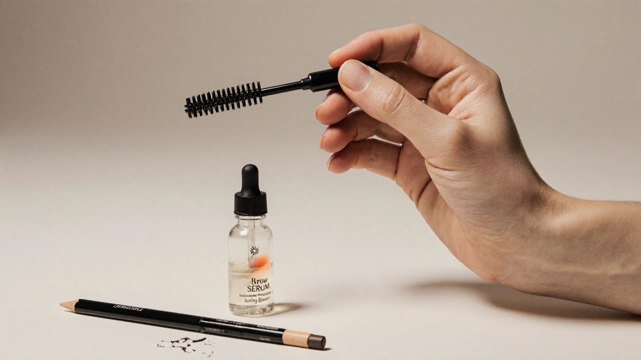 Hand brushing eyebrows with spoolie beside brow serum and broken pencil, symbolizing care shift.
