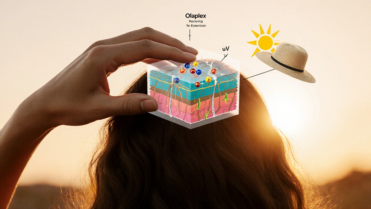 Hand touching new natural hair growth with scientific overlays showing repair and protection.