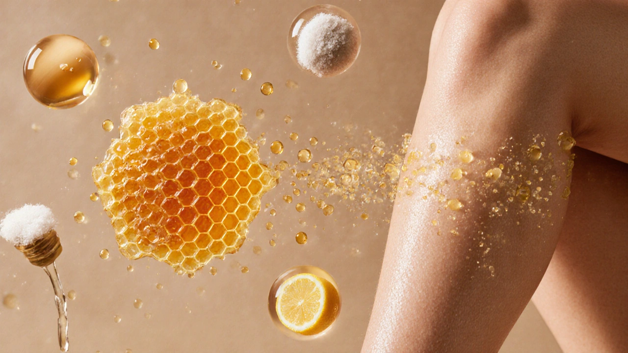 Honeycomb transforming into smooth skin with natural ingredients floating around.