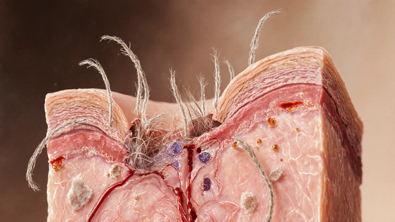 Magnified view of damaged hair follicles and ingrown hairs beneath facial skin.