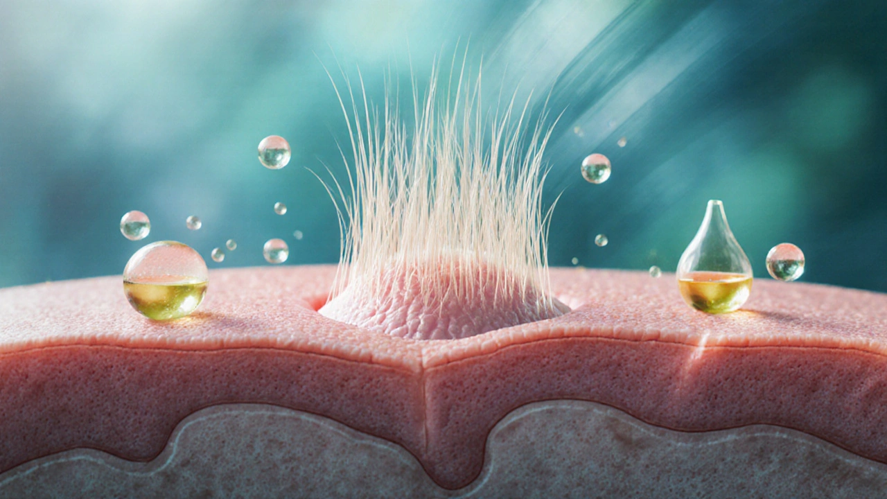 Microscopic view of hair follicles nourished by peptides and biotin, with new hairs emerging.