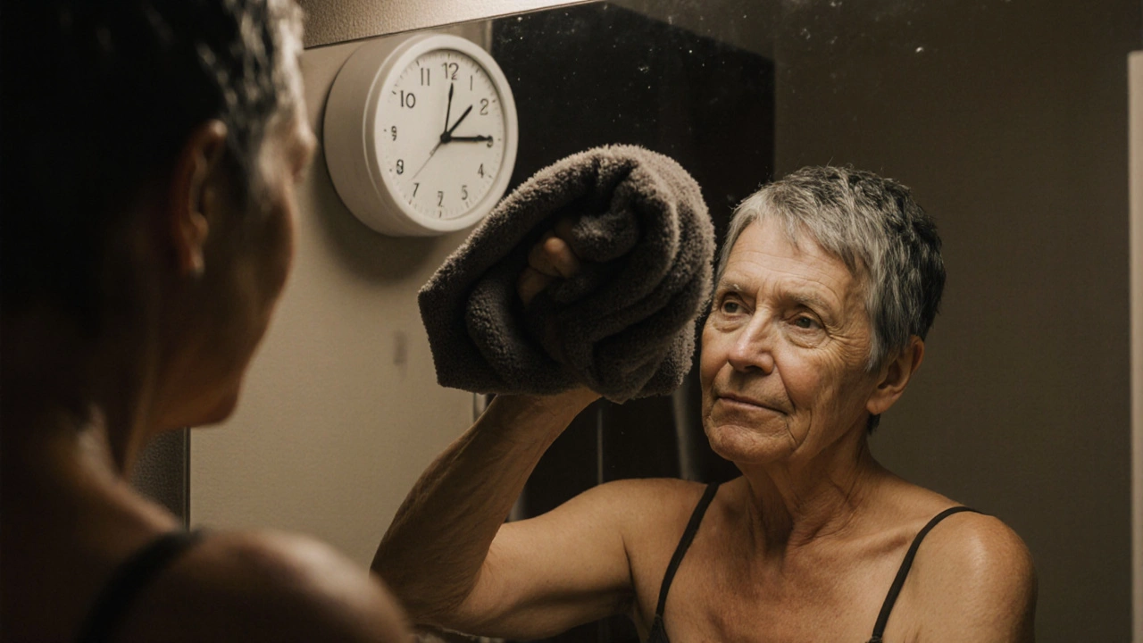 Older woman drying her short gray pixie cut in a bathroom, no hair tools.