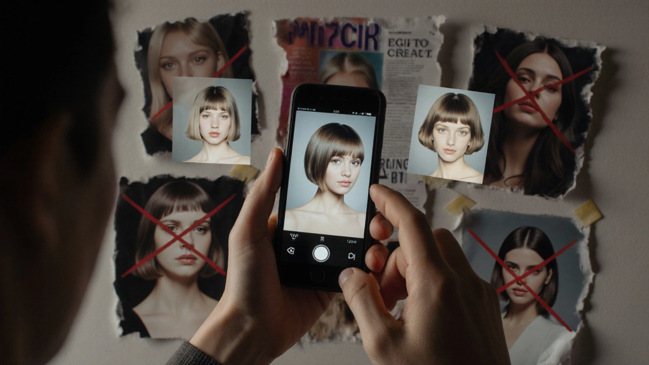 Person using a hair try-on app with virtual cuts floating around their head.