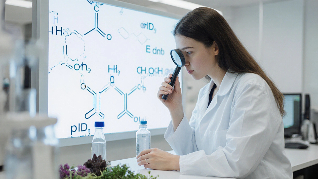 Scientist examining plant-based hair dye extract in a lab with chemical formulas visible.