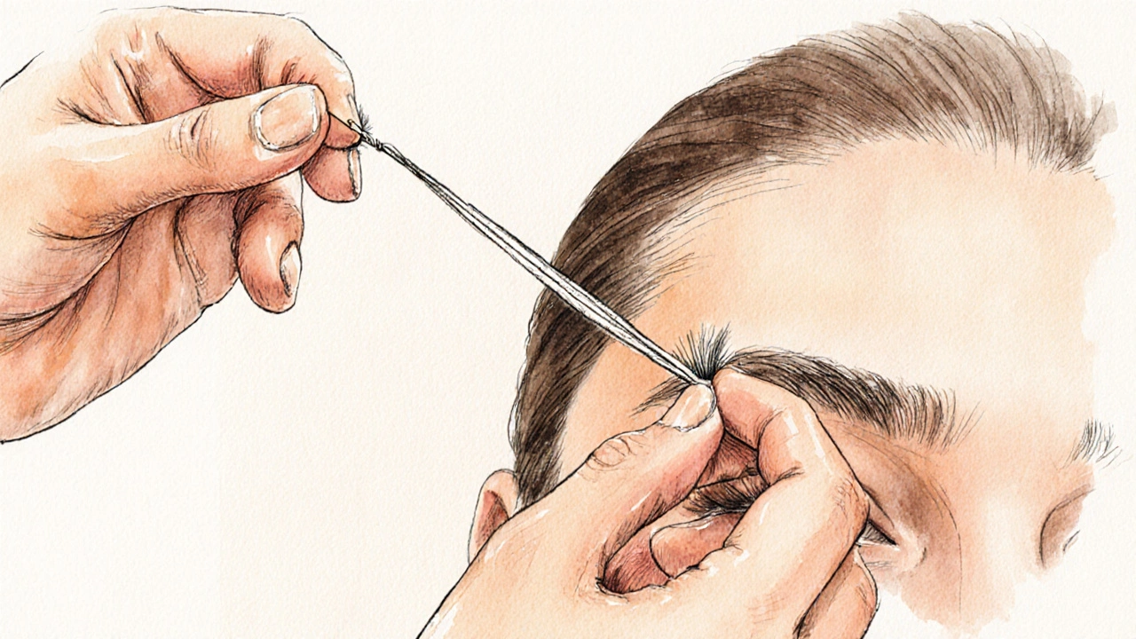 Skilled technician using twisted thread to precisely remove eyebrow hairs.