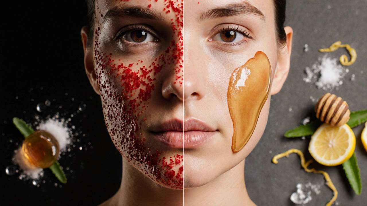 Split image: irritated skin after chemical wax vs. smooth skin after honey waxing.