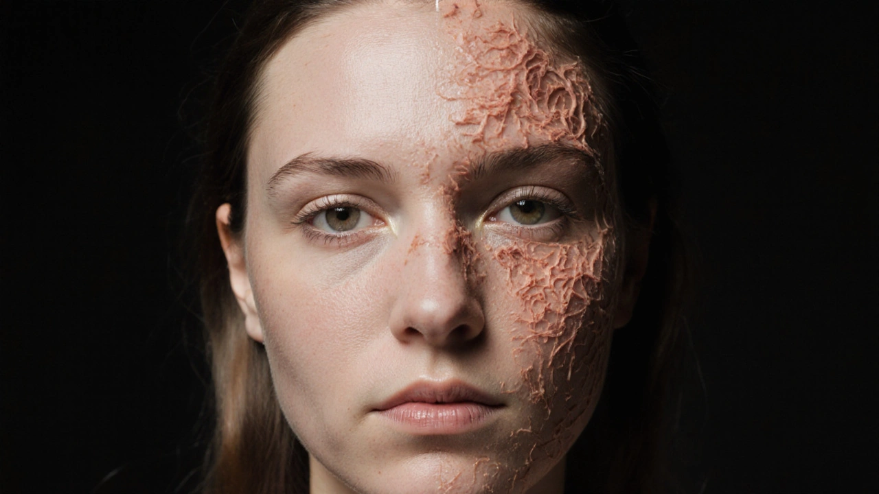 Split image showing healthy skin versus skin damaged by repeated threading.