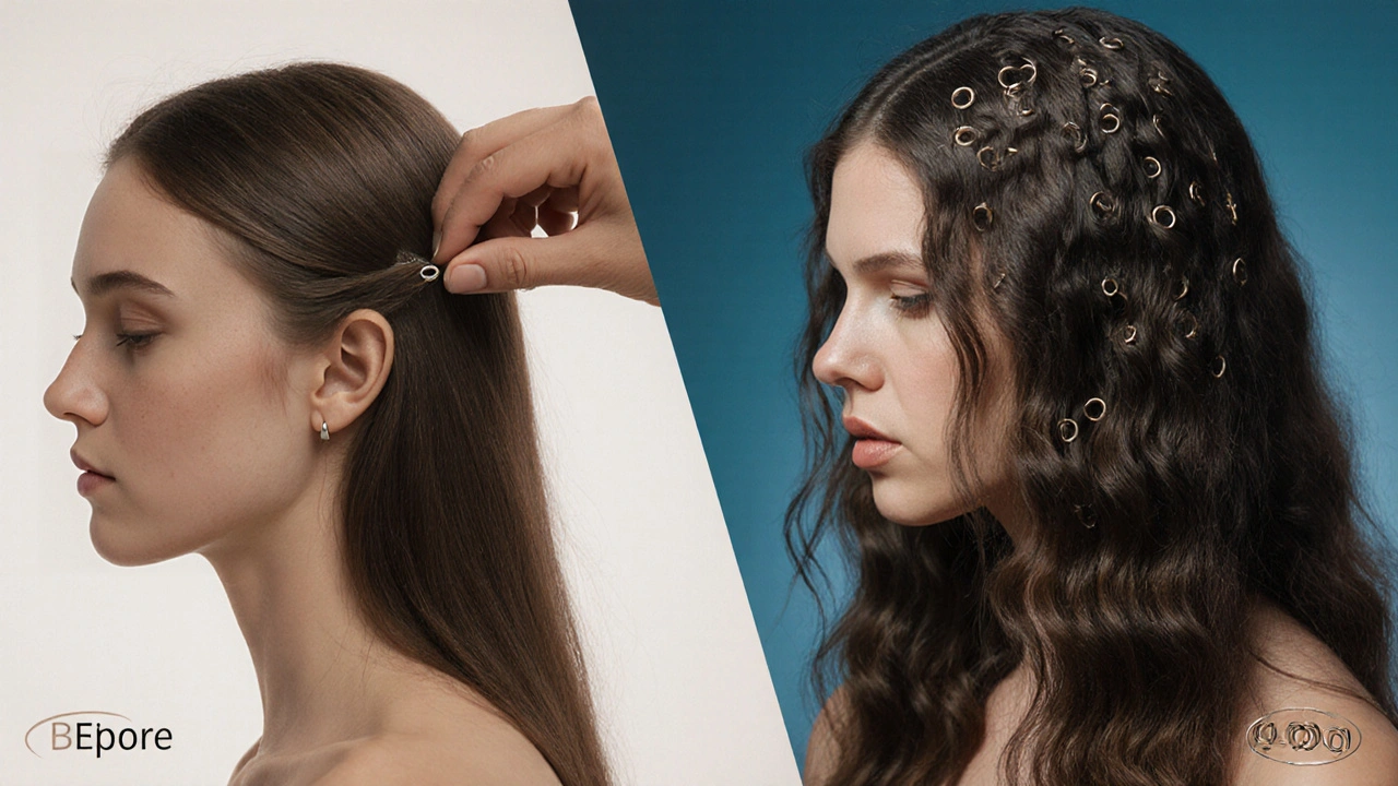 Split image showing thin hair transforming into full, blended extensions with micro rings.