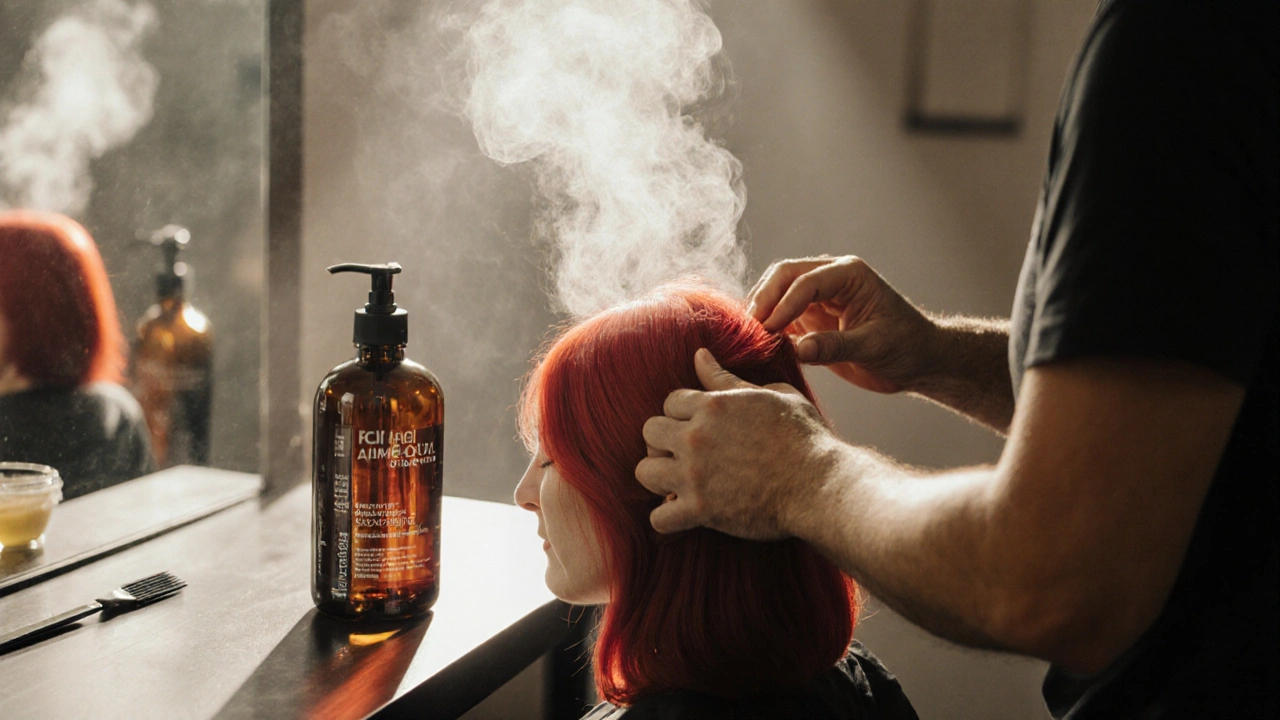 Stylist applying hair dye in a salon, with ammonia and ammonia-free products visible.