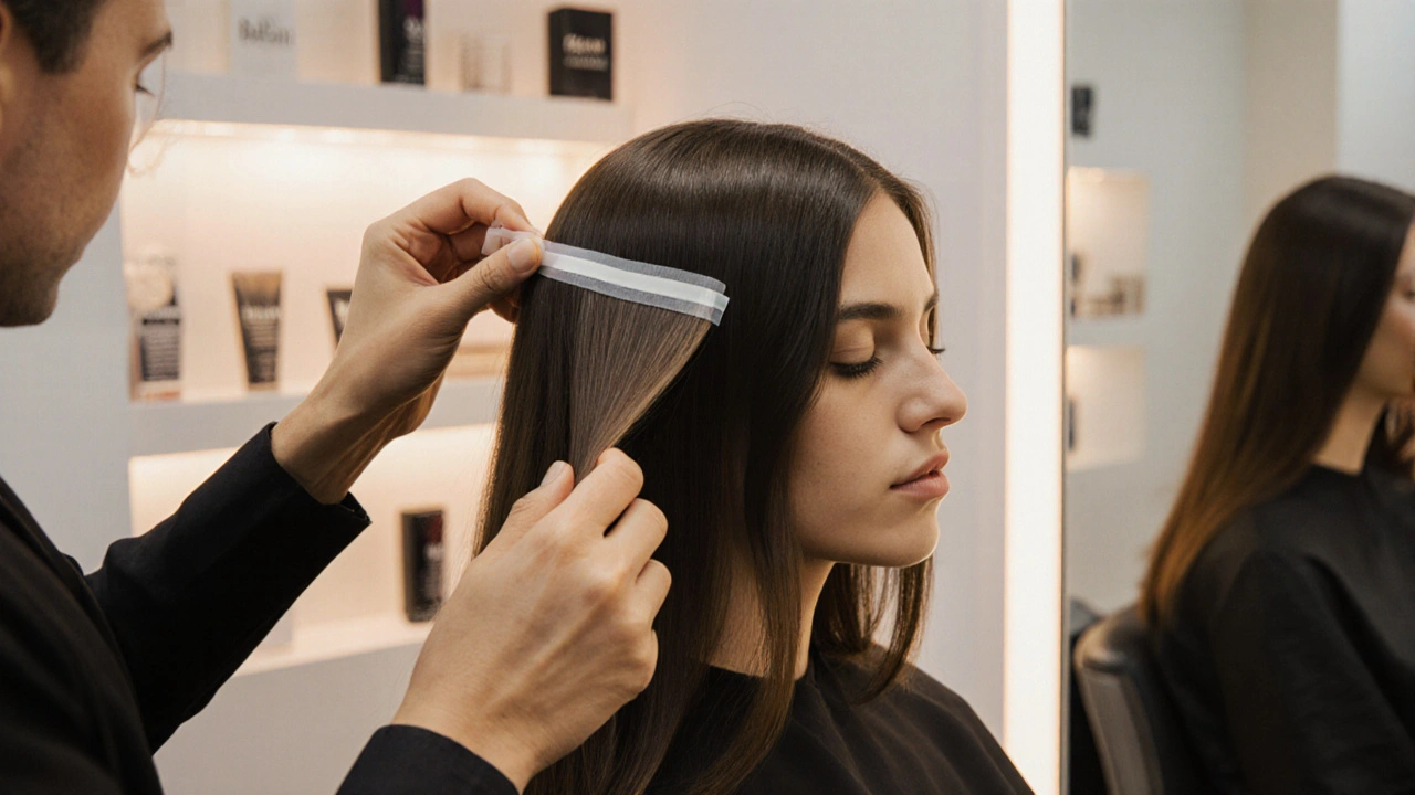 Stylist applying tape-in hair extensions in a salon, hands pressing wefts into natural hair.