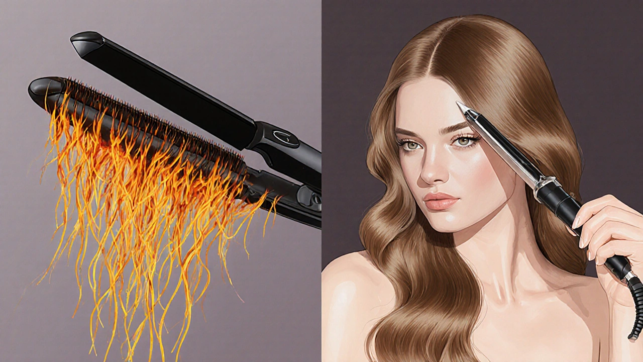 Synthetic hair extensions melting under heat versus human hair extensions being gently curled at safe temperatures.