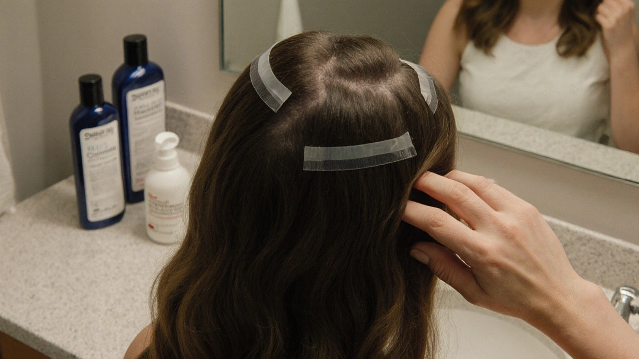 Tape-in hair extensions visible near roots with adhesive strip, styled hair falling naturally.