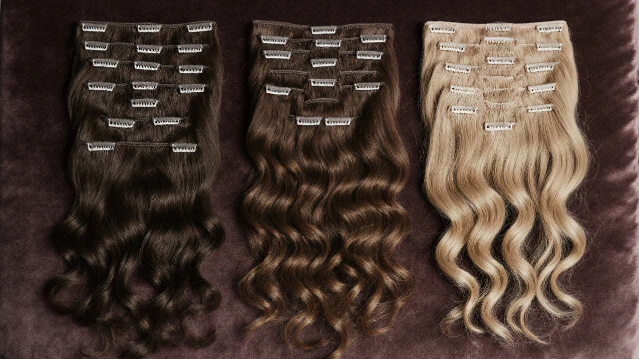 Three premium clip-in extension sets laid out on velvet, showcasing different textures and shades for natural hair.