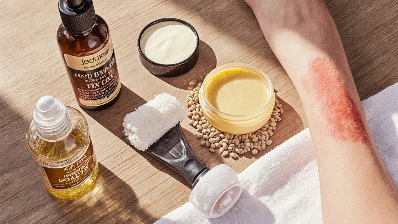 Three wax types and natural skincare products on wooden table with fading redness on arm.
