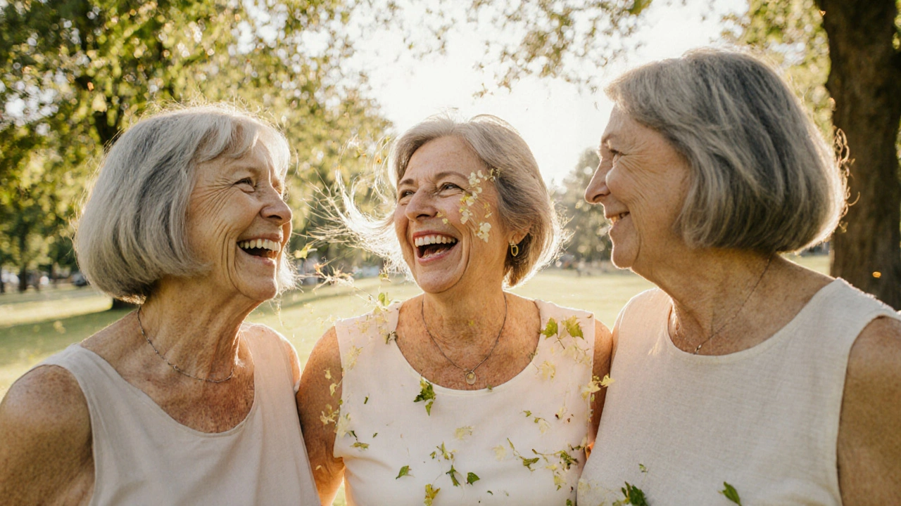 Three women with short gray hairstyles laughing together in a sunlit park.