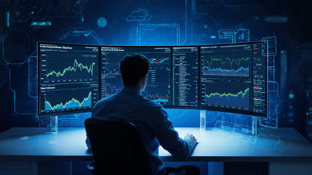 Trader analyzing real-time on-chain metrics on a curved monitor with holographic data charts.