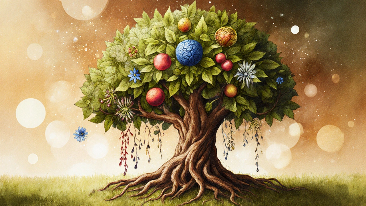 Tree with hair-like roots growing from a scalp, blooming with herbal fruits and leaves.