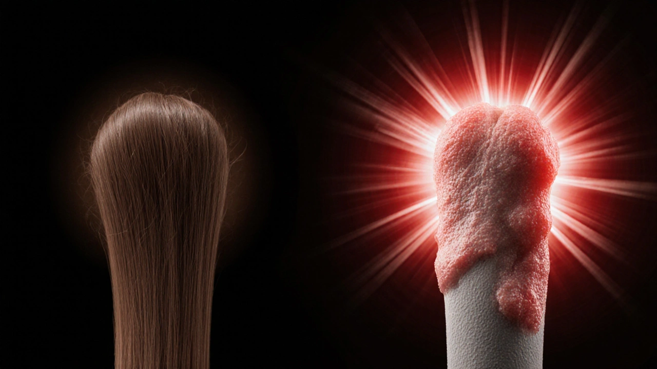 Two hair strands side by side: one normal brown, one surrounded by inflammation making dye appear grey.