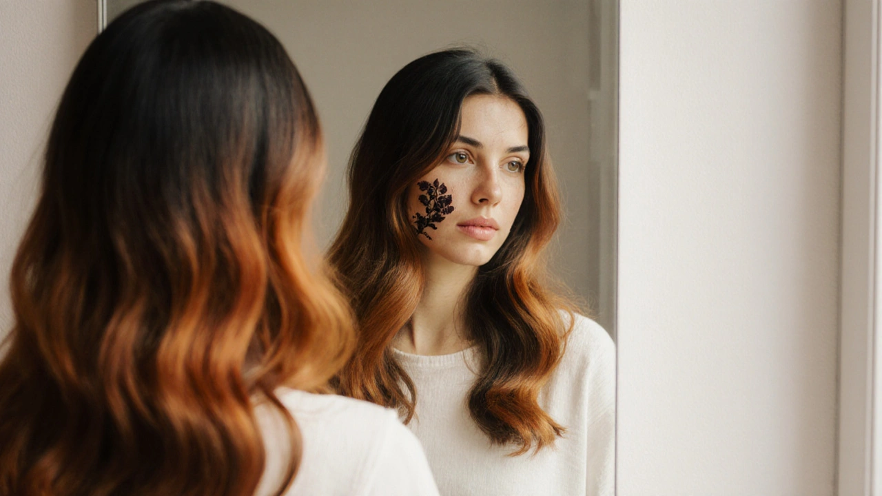 Woman&#039;s hair showing natural henna color on one side and conventional dye on the other.