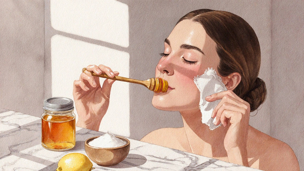 Woman applying honey wax to her upper lip with a wooden spatula in natural light.